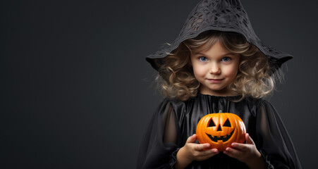 Adorable child, cute little girl on dark gray background on Halloween