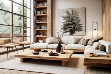 Interior of living room with wood furniture in rustic style, eco design