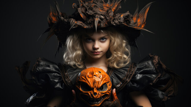 Cute child in Halloween costume holds scary mask on dark background