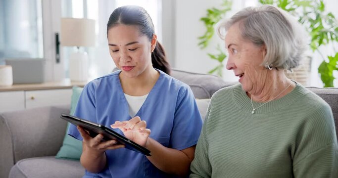 Tablet, help and nurse with old woman on sofa for consulting, medical and communication. Healthcare, retirement and support with caregiver and patient in nursing home for insurance and advice