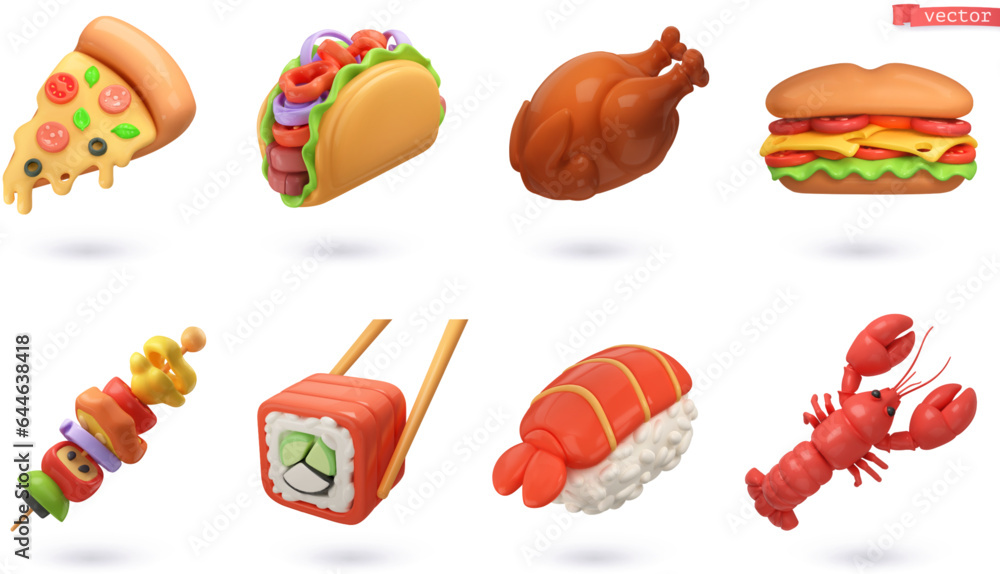 Sticker Food 3d vector cartoon icon set