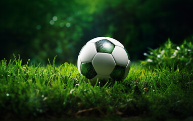 Fototapeta premium Football, juicy green grass and soccer ball