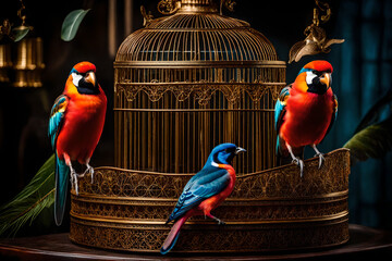 Vivid Avian Beauty: A Captivating Product Photography Composition Spotlighting Brilliantly Colored Birds on an Ornate Brass Birdcage