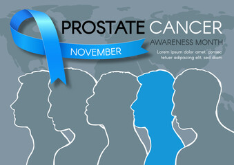 Banner for Prostate Cancer Awareness Month in November. The poster with diverse men and a blue ribbon. Design template for poster. Vector illustration.