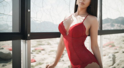  a woman in a red lingerie posing for a picture
