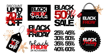 Black Friday big set of stickers and logos. Vector graphics illustration isolated on a white background.