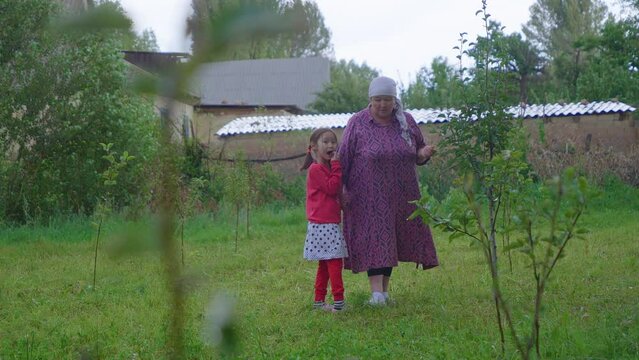 Woman inspecting freshly planted seedlings with her granddaughter
