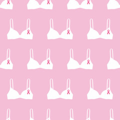 Seamless pattern with pink cancer ribbons on bras. Breast Cancer Awareness Month pink and white background. Cancer ribbon symbol. Cancer prevention, women health care. Hand drawn illustration