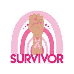 Breast Cancer Awareness Month illustration. Pink cancer ribbon on raised fist and rainbow. Cancer survivor phrase. Cancer prevention and women health care poster. Hand drawn illustration.