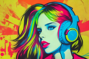 Pop art design of a girl wearing a headphone, Vibrant colors