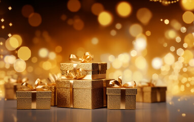 Gold gift boxes and gold glitter particles with bokeh light background