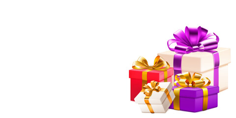 Festive illustration with several colored gift boxes with ribbons and bows on white background