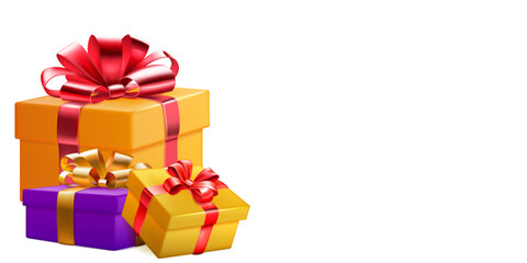 Festive illustration with three colored gift boxes with ribbons and bows on white background