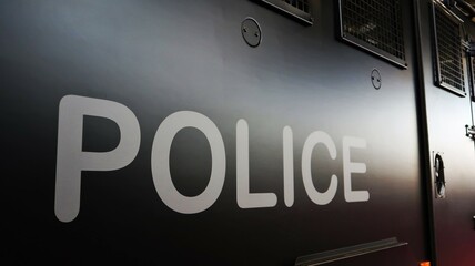 "Police" inscrit sur la carrosserie d’un fourgon pénitentiaire blindé noir (France)