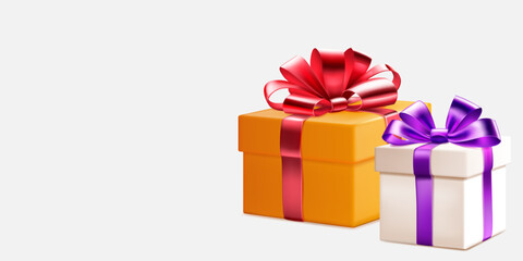 Festive illustration with two colored gift boxes with ribbons and bows on white background