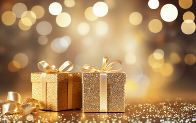 Gold gift boxes and gold glitter particles with bokeh light background
