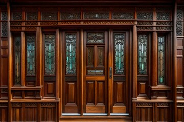 The intricate woodwork of a Craftsman-style front door, framed by sidelights and a transom window 