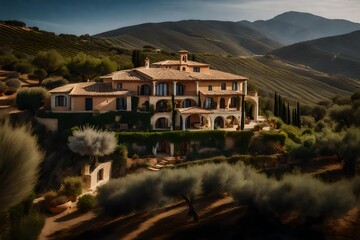 Fototapeta na wymiar An enchanting view of a Mediterranean villa's exterior, nestled against rolling hills and olive groves 