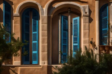 Fototapeta premium The craftsmanship of a Mediterranean villa's wooden shutters and arched windows 