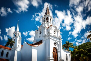 The architectural splendor of a Colonial church, its white steeple reaching for the sky against a backdrop of azure blue  - obrazy, fototapety, plakaty