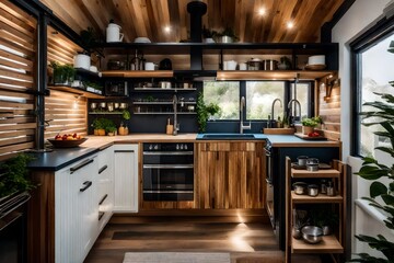 The charm of a tiny home's compact kitchen, with modern appliances and a fold-down dining table  - obrazy, fototapety, plakaty
