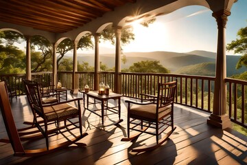 A serene Colonial veranda, furnished with rocking chairs and overlooking a serene landscape of rolling hills 