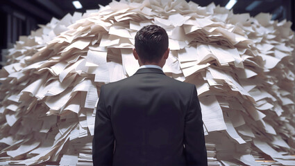 businessman in the office with piles of papers in front of him. 