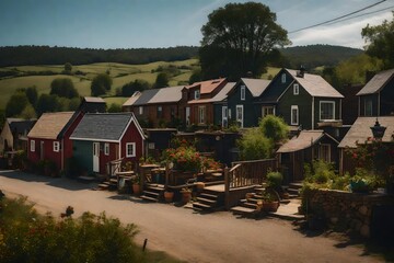 A tiny home's charming village setting, with a row of quaint houses and a sense of community 