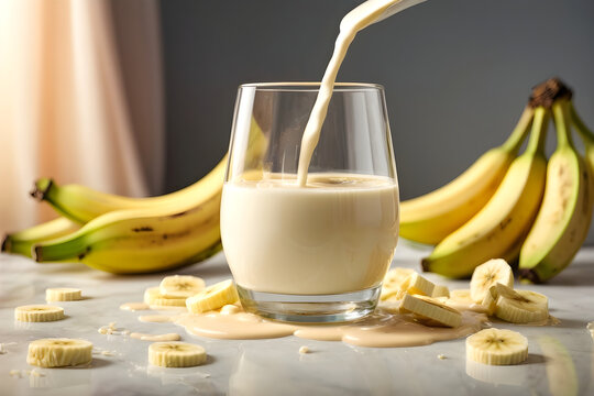 Banana milk is poured into a glass with banana slices. 