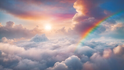 Aerial view of a beautiful rainbow over the clouds. 