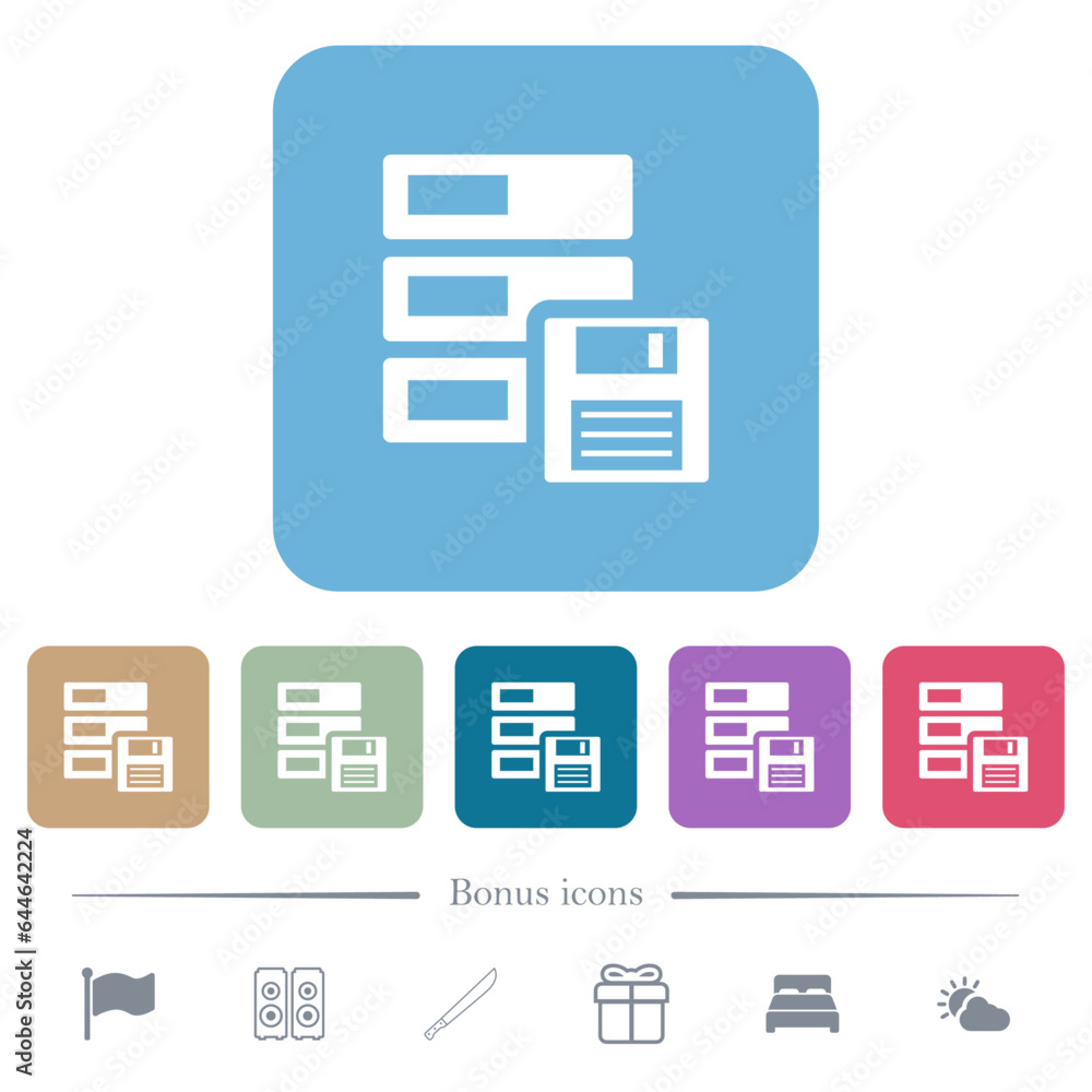 Poster data backup flat icons on color rounded square backgrounds