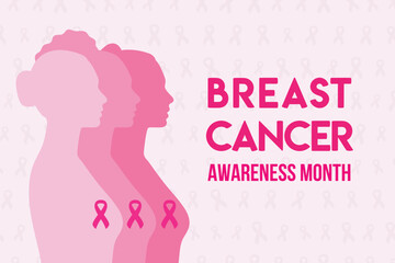 Breast Cancer Awareness Month. Women s silhouette with pink ribbons on chest. Cancer prevention and women health vector illustration. Horizontal poster