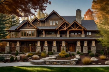 A picturesque view of a Craftsman-style home's exterior, with a mix of stone and wood accents 