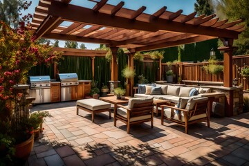 An inviting Craftsman-style backyard, with a pergola-covered patio and outdoor seating 