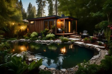 The tranquility of a tiny home's backyard oasis, with a small pond and lush landscaping 