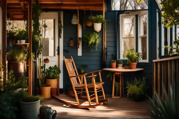 The inviting porch of a tiny home, furnished with a rocking chair and potted plants, bathed in golden hour light 