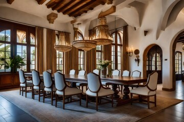The elegance of a Mediterranean villa's dining room, with a long wooden table and antique chandeliers 