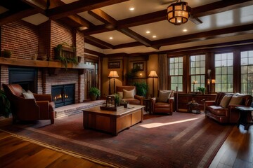 The welcoming ambiance of a Craftsman-style living room, with a brick fireplace and built-in seating 