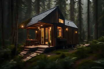 A cozy tiny home nestled in a lush forest, with a charming exterior and rustic details 