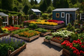 A tiny home's picturesque garden, with raised beds and colorful blooms, providing fresh produce 