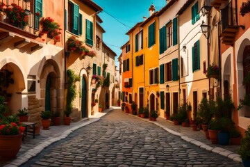 Fototapeta na wymiar A picturesque Mediterranean village square, with cobblestone streets and colorful buildings 