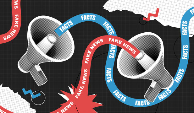 Contemporary art collage. Megaphone with Facts vs Fake News. Social media propaganda. False and truth information spreading. Conspiracy theory. Vector vintage pop art composition banner