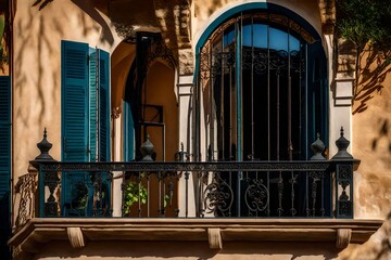 The artistic details of a Mediterranean villa's wrought iron balcony, overlooking a charming courtyard 