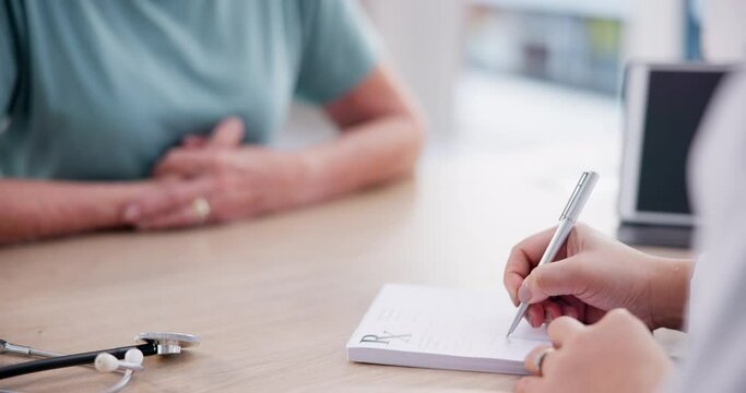 Doctor, hands and writing prescription for patient, checkup or diagnosis and medication on desk at hospital. Closeup of medical or healthcare professional with quote, consultation or sick letter