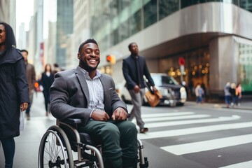 A confident Black man in a wheelchair navigates through a bustling city environment. Ideal for themes of accessibility, empowerment, and urban life.