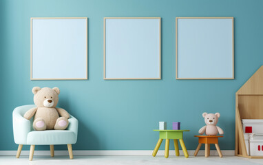 Mock up posters in child room interior, posters on empty blue wall background