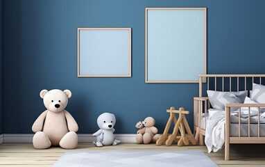 Mock up posters in child room interior, posters on empty blue wall background