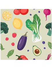 Seamless vector pattern of fresh fruits and vegetables. Organic farm produce. 
