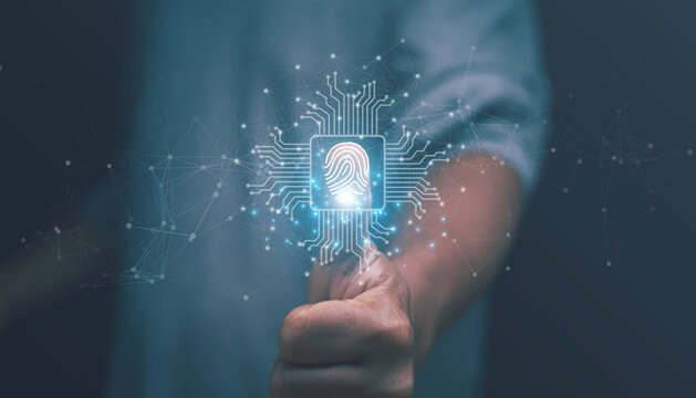 Surveillance and security scan for digital cyber futuristic applications concept, Businessman fingerprint scan and biometric authentication, Innovation for protection from digital cybercrime.