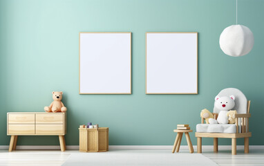 Mock up posters in child room interior, posters on empty blue wall background